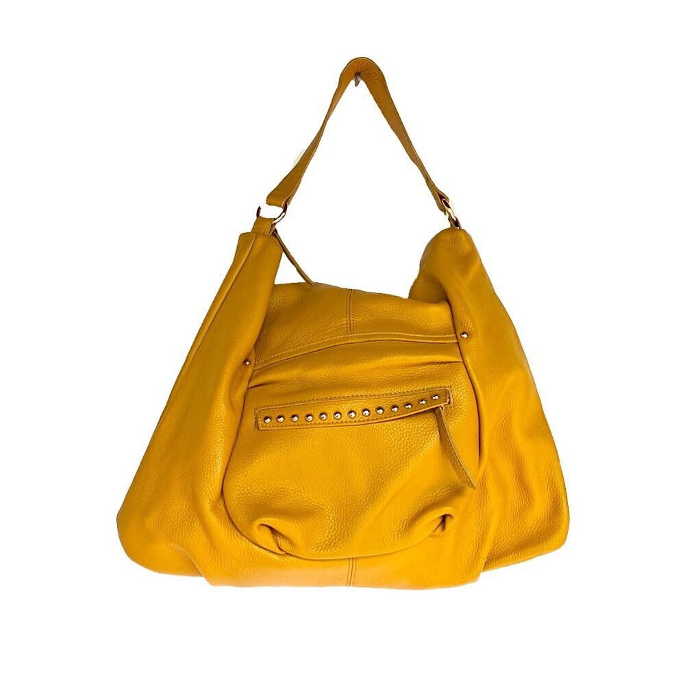Laggo Pebbled Leather Hobo Shoulder Bag Yellow – Zip Top, Studded Front Pocket
